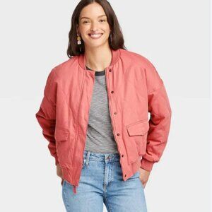 Universal Thread Quilted Bomber Jacket Pink Coral Button Zip Front Oversized 2XL